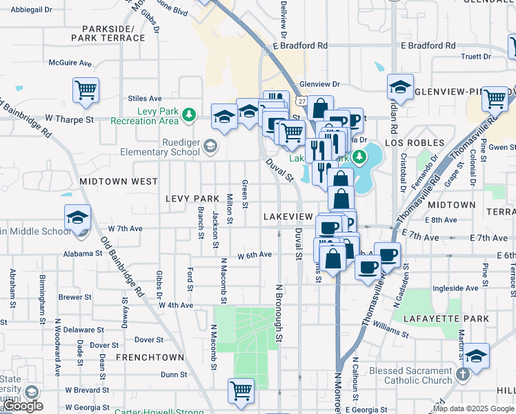map of restaurants, bars, coffee shops, grocery stores, and more near 319 West 8th Avenue in Tallahassee