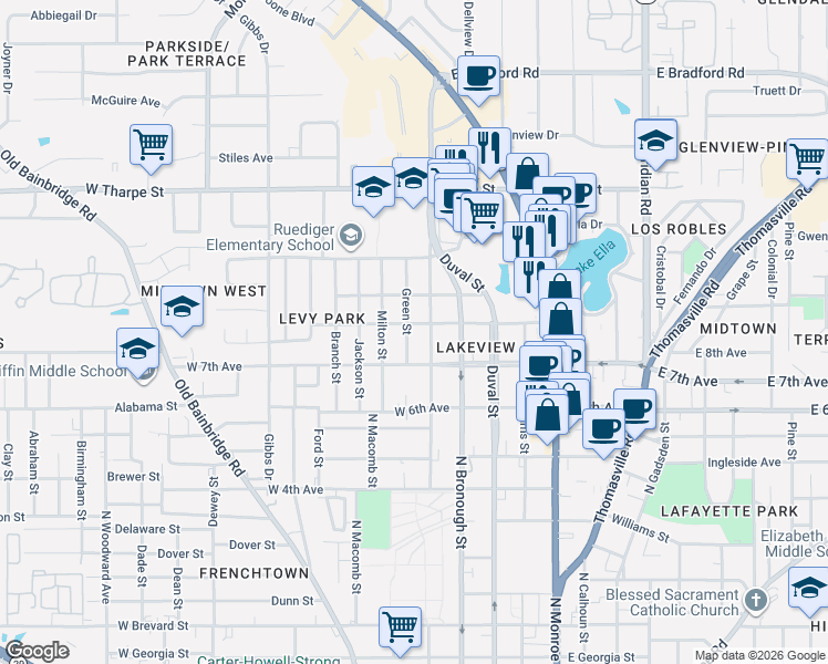 map of restaurants, bars, coffee shops, grocery stores, and more near 1433 Green Street in Tallahassee