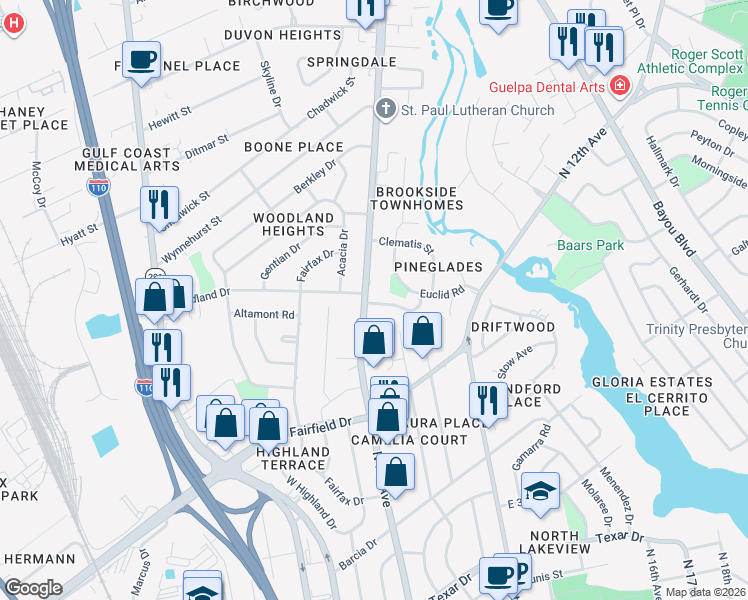 map of restaurants, bars, coffee shops, grocery stores, and more near 100 Mango Street in Pensacola