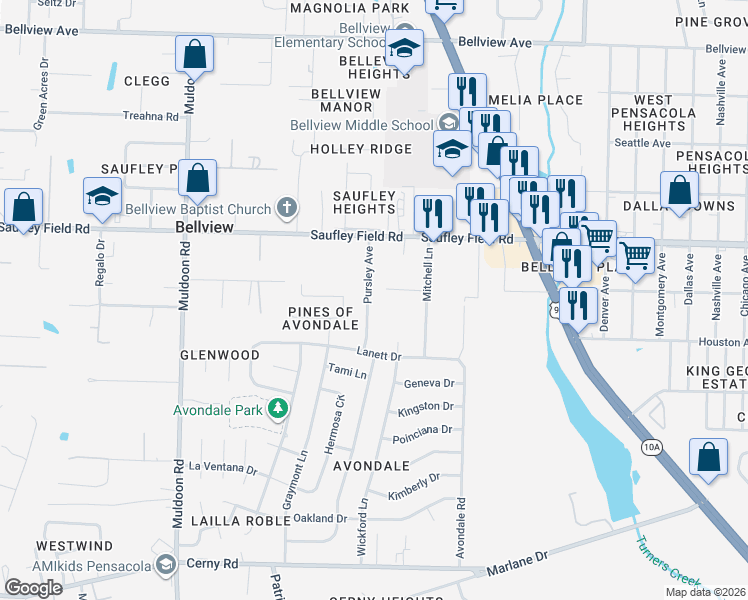 map of restaurants, bars, coffee shops, grocery stores, and more near 5982 Pursley Avenue in Pensacola