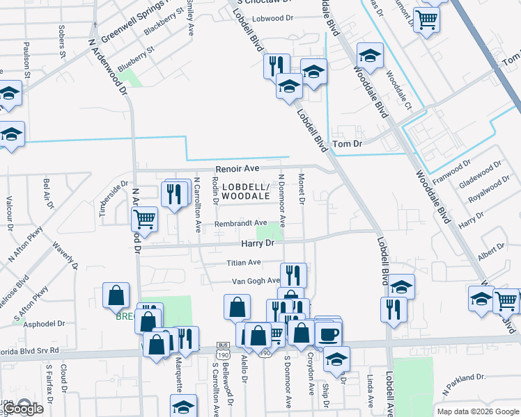 map of restaurants, bars, coffee shops, grocery stores, and more near 6854 Goya Avenue in Baton Rouge