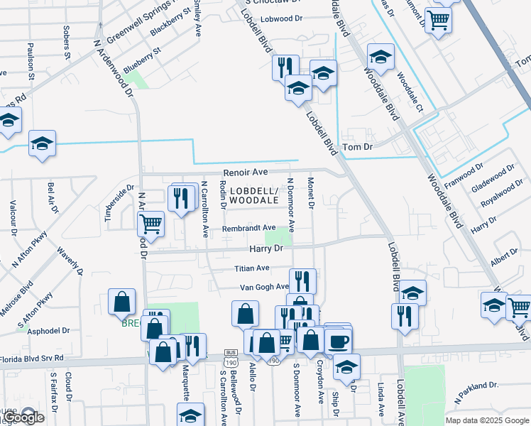 map of restaurants, bars, coffee shops, grocery stores, and more near 6854 Goya Avenue in Baton Rouge