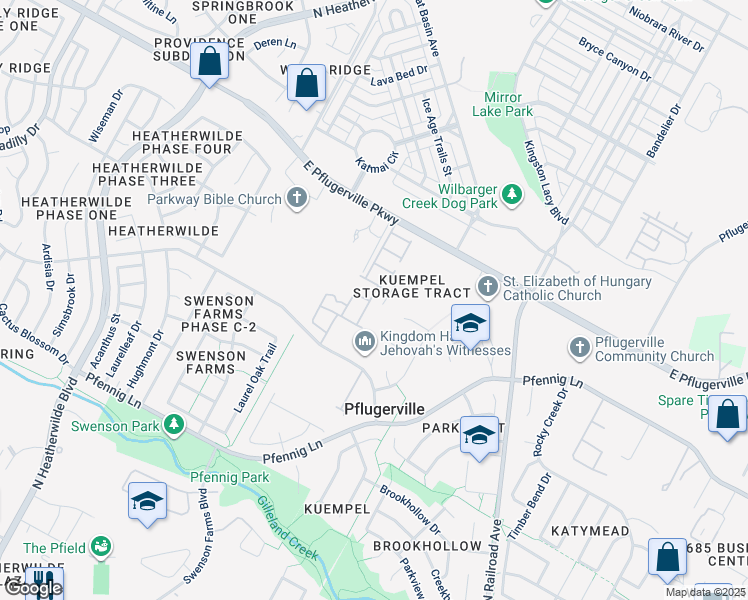 map of restaurants, bars, coffee shops, grocery stores, and more near 600C Skiff Moth Drive in Pflugerville