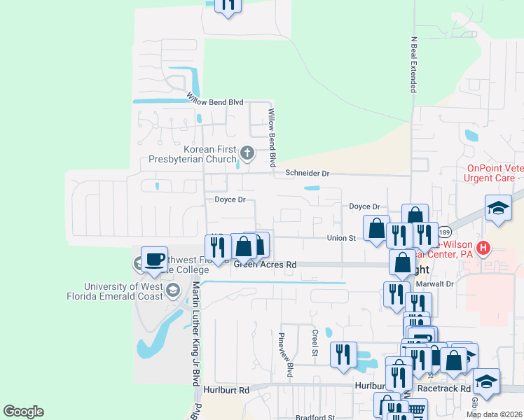 map of restaurants, bars, coffee shops, grocery stores, and more near 1325 Greendale Avenue in Shalimar