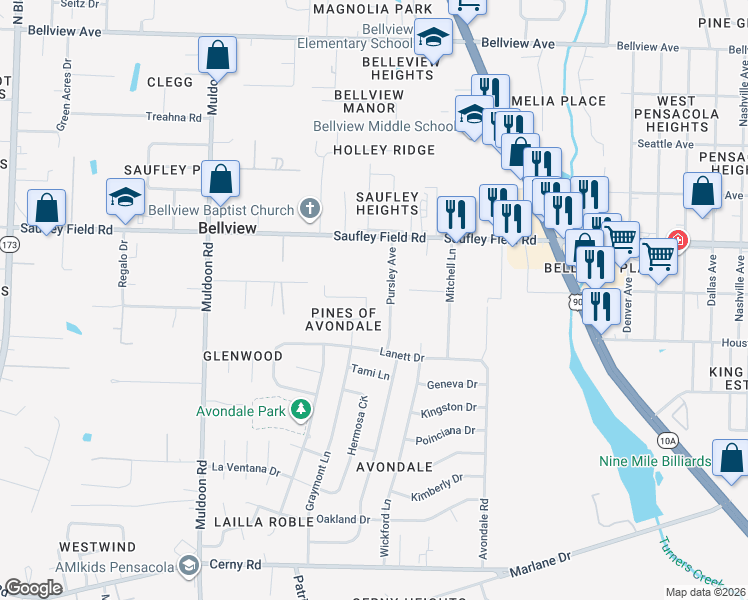 map of restaurants, bars, coffee shops, grocery stores, and more near 4863 Randee Circle in Pensacola