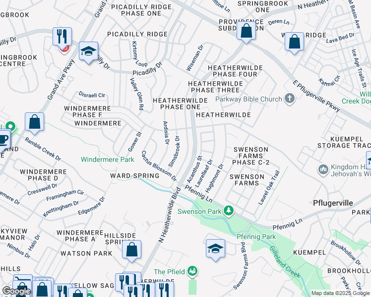 map of restaurants, bars, coffee shops, grocery stores, and more near 17006 Dashwood Creek Drive in Pflugerville