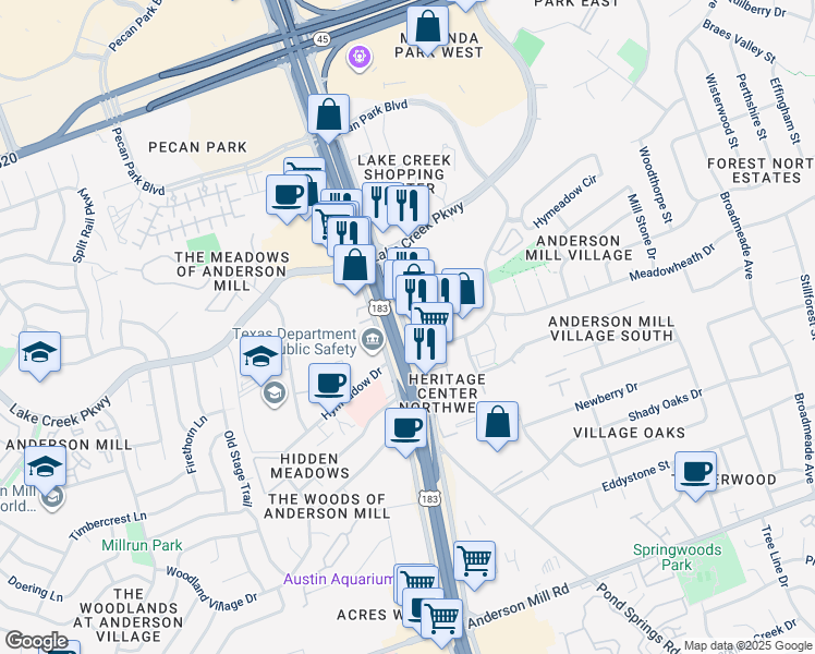 map of restaurants, bars, coffee shops, grocery stores, and more near 13725 Research Boulevard in Austin
