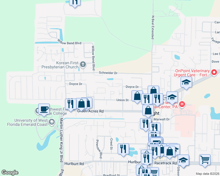 map of restaurants, bars, coffee shops, grocery stores, and more near 1860 Whispering Oaks Lane in Fort Walton Beach