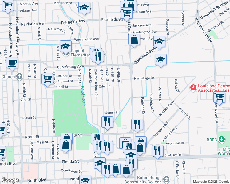 map of restaurants, bars, coffee shops, grocery stores, and more near 1137 North 49th Street in Baton Rouge