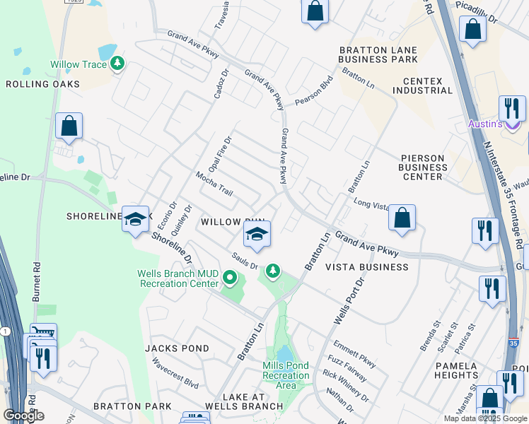 map of restaurants, bars, coffee shops, grocery stores, and more near 15519 Crissom Lane in Austin
