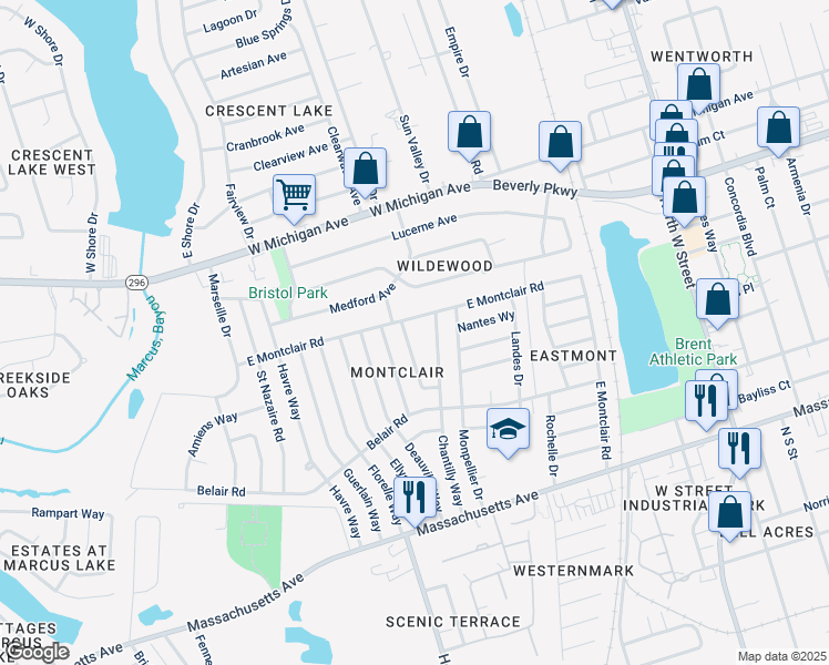 map of restaurants, bars, coffee shops, grocery stores, and more near 4520 Le Moyne Lane in Pensacola