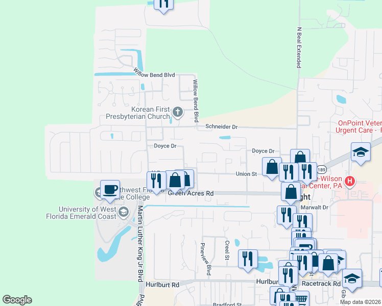 map of restaurants, bars, coffee shops, grocery stores, and more near 1325 Greendale Avenue in Shalimar