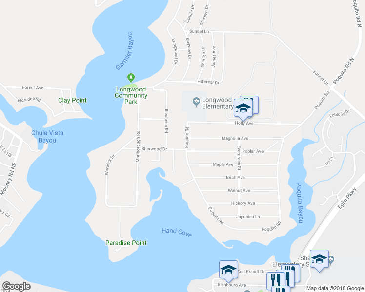map of restaurants, bars, coffee shops, grocery stores, and more near 135 Poquito Road in Shalimar