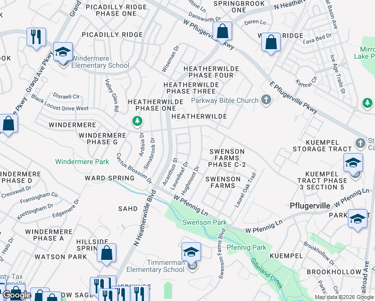 map of restaurants, bars, coffee shops, grocery stores, and more near 1608 Black Willow Street in Pflugerville