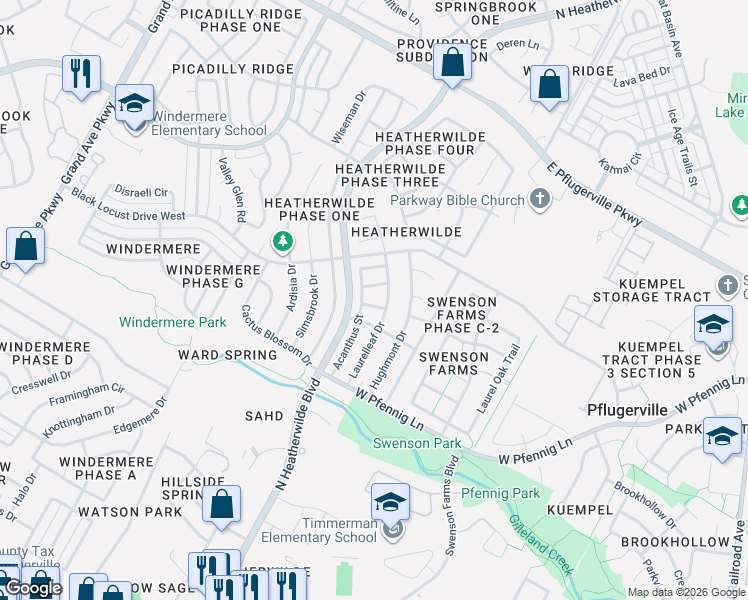 map of restaurants, bars, coffee shops, grocery stores, and more near 1608 Black Willow Street in Pflugerville