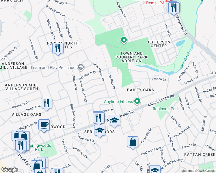 map of restaurants, bars, coffee shops, grocery stores, and more near 13203 Briar Hollow Drive in Austin
