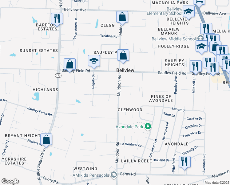 map of restaurants, bars, coffee shops, grocery stores, and more near 5010 Regalo Drive in Pensacola