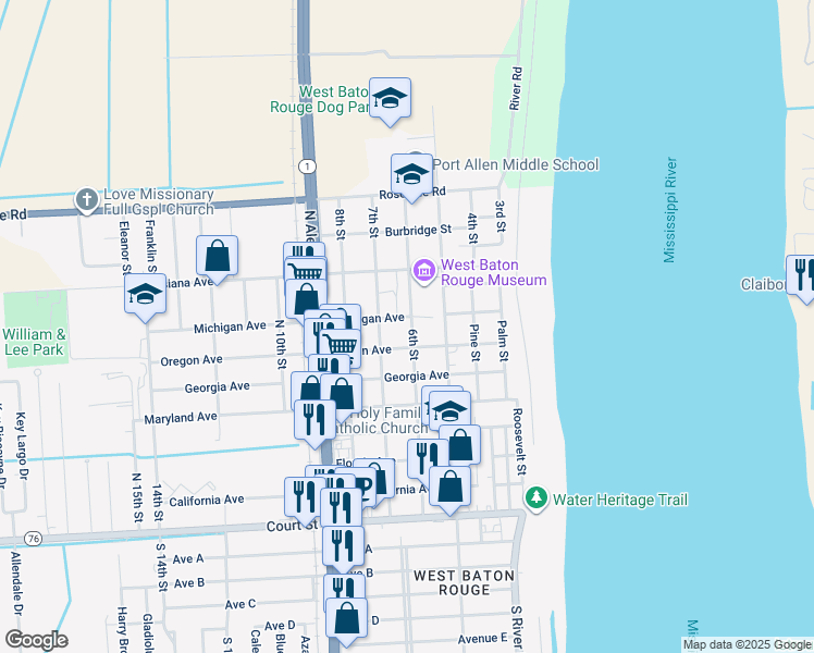map of restaurants, bars, coffee shops, grocery stores, and more near 769 6th Street in Port Allen