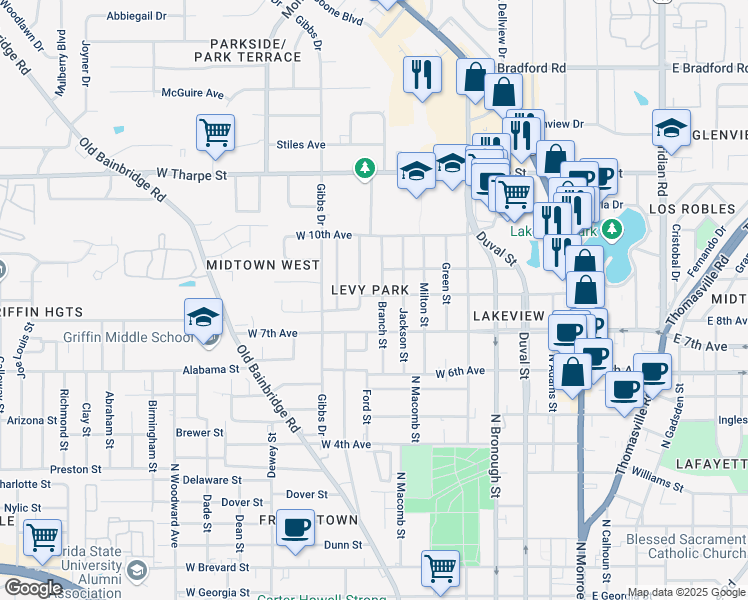 map of restaurants, bars, coffee shops, grocery stores, and more near 609 West 8th Avenue in Tallahassee