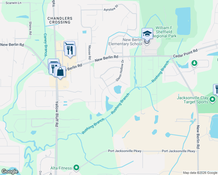map of restaurants, bars, coffee shops, grocery stores, and more near 12315 Glenn Hollow Drive in Jacksonville