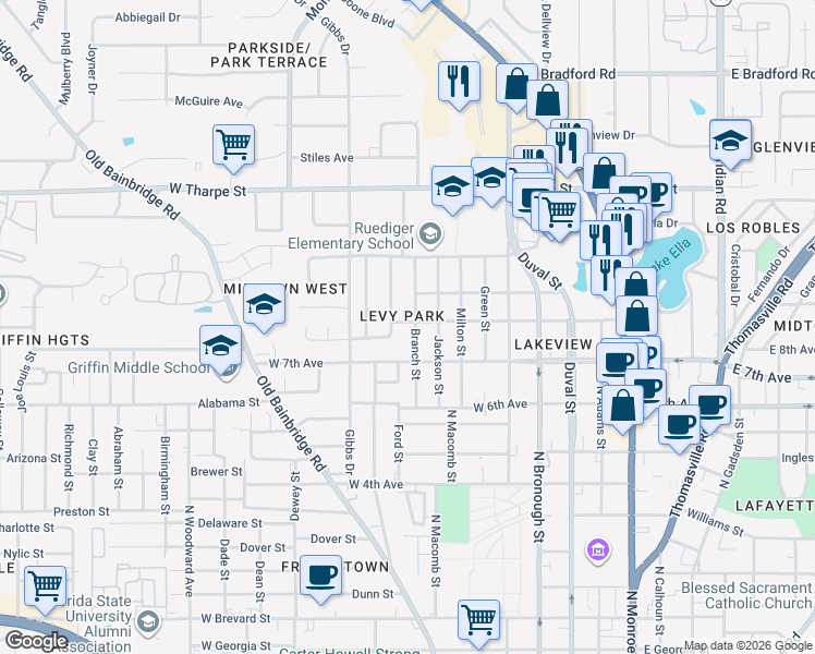 map of restaurants, bars, coffee shops, grocery stores, and more near 609 West 8th Avenue in Tallahassee