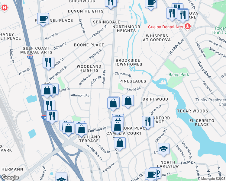 map of restaurants, bars, coffee shops, grocery stores, and more near 100 Mango Street in Pensacola