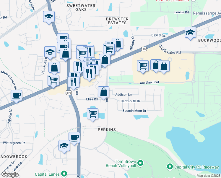 map of restaurants, bars, coffee shops, grocery stores, and more near 3200 Emerson Lane in Tallahassee