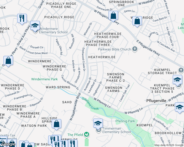 map of restaurants, bars, coffee shops, grocery stores, and more near 1608 Black Willow Street in Pflugerville