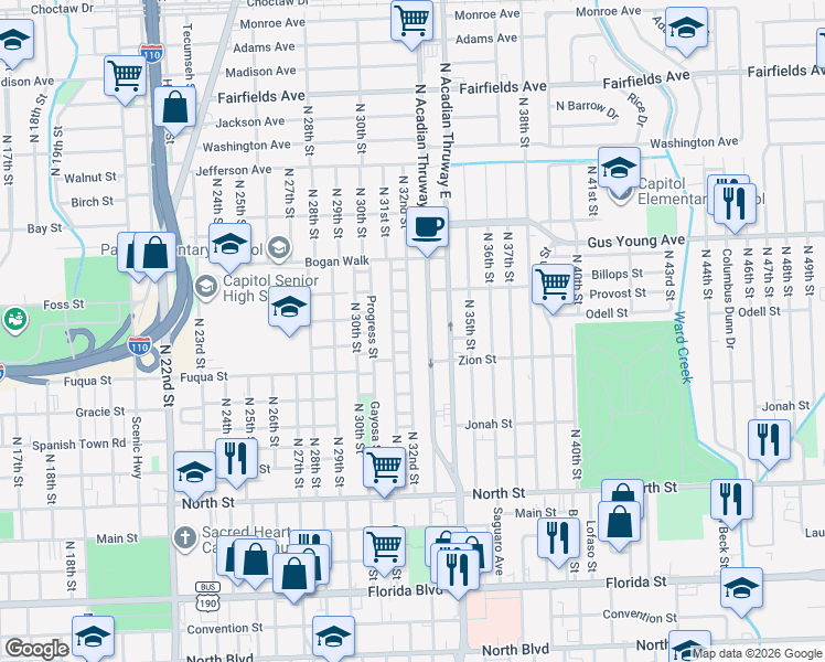 map of restaurants, bars, coffee shops, grocery stores, and more near 1148 North 32nd Street in Baton Rouge