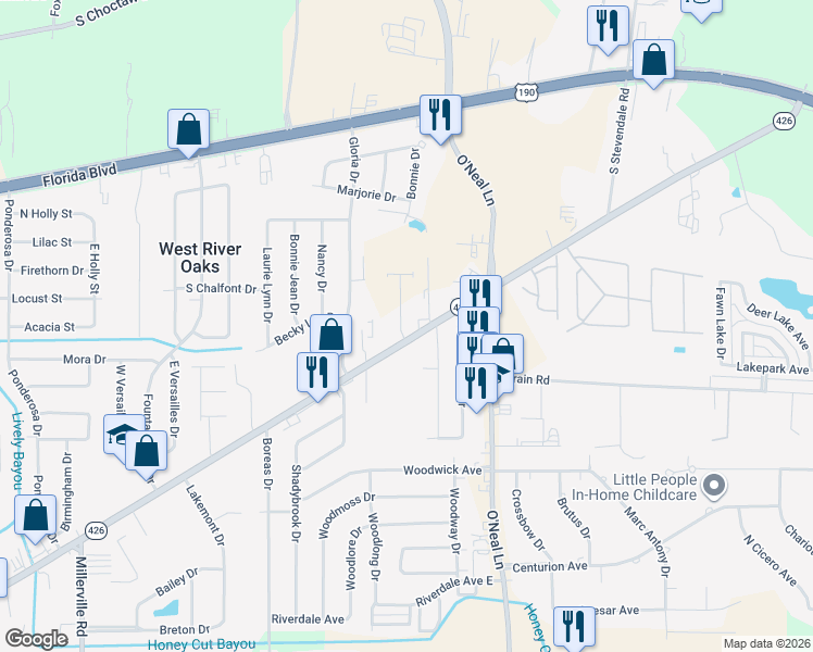 map of restaurants, bars, coffee shops, grocery stores, and more near 11936 Old Hammond Highway in Baton Rouge