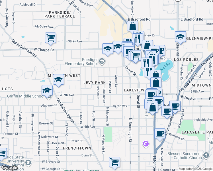 map of restaurants, bars, coffee shops, grocery stores, and more near 511 West 8th Avenue in Tallahassee
