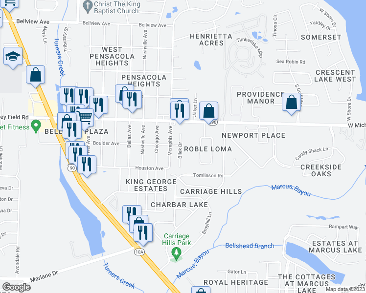 map of restaurants, bars, coffee shops, grocery stores, and more near 5896 Bilek Drive in Pensacola