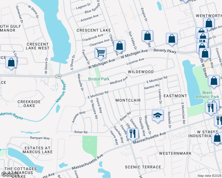 map of restaurants, bars, coffee shops, grocery stores, and more near 930 East Montclair Road in Pensacola