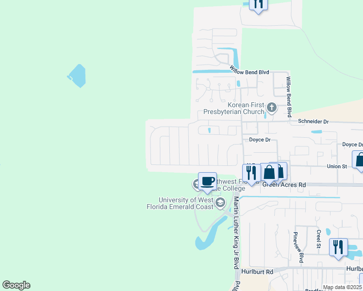 map of restaurants, bars, coffee shops, grocery stores, and more near 1313 Edenfield Drive in Fort Walton Beach