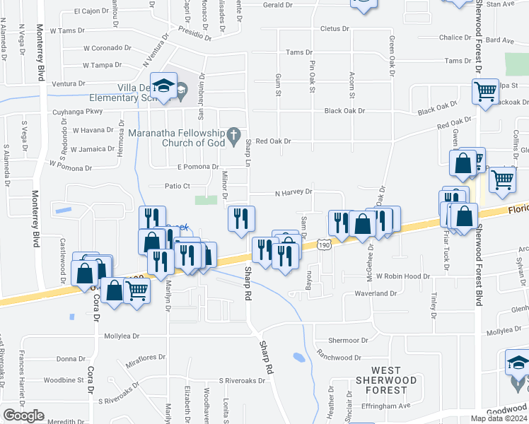 map of restaurants, bars, coffee shops, grocery stores, and more near 680 Sharp Lane in Baton Rouge