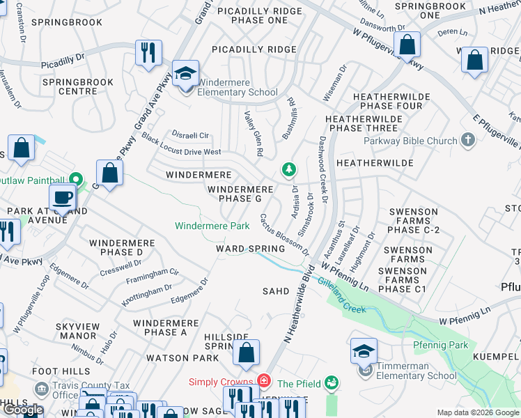 map of restaurants, bars, coffee shops, grocery stores, and more near 16821 Gower Street in Pflugerville
