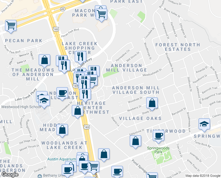 map of restaurants, bars, coffee shops, grocery stores, and more near 9815 Meadowheath Dr in Austin