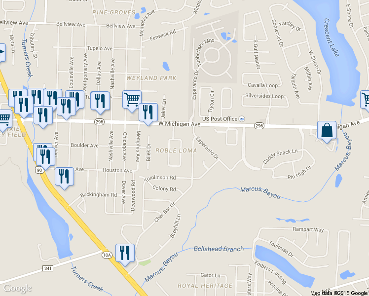 map of restaurants, bars, coffee shops, grocery stores, and more near 5818 Roble Loma Drive in Pensacola