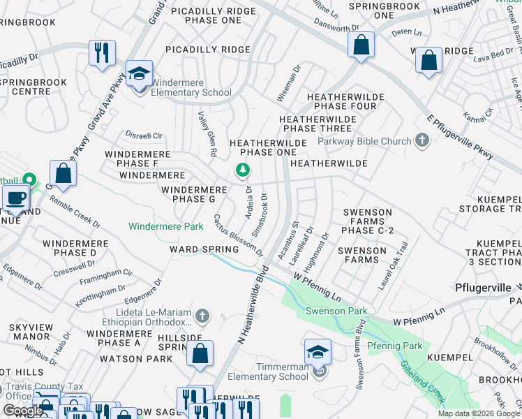 map of restaurants, bars, coffee shops, grocery stores, and more near 16923 Ardisia Drive in Pflugerville