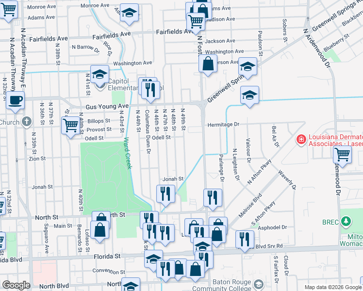map of restaurants, bars, coffee shops, grocery stores, and more near 1137 N 49th St in Baton Rouge