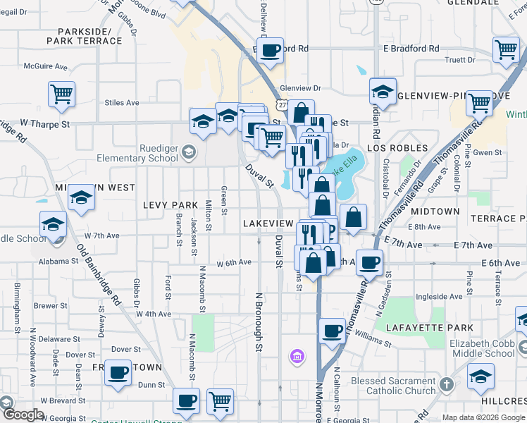 map of restaurants, bars, coffee shops, grocery stores, and more near in Tallahassee
