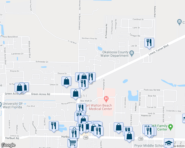 map of restaurants, bars, coffee shops, grocery stores, and more near 1100 Crosswinds Landing in Fort Walton Beach