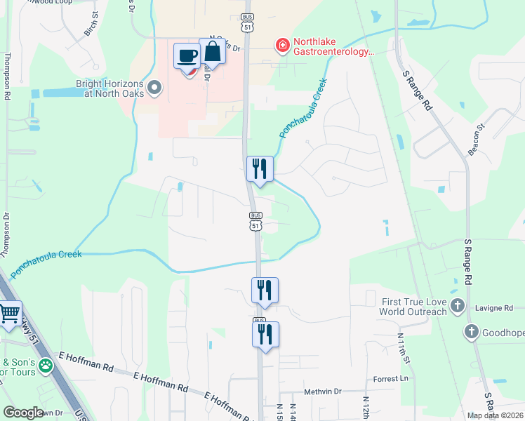 map of restaurants, bars, coffee shops, grocery stores, and more near 16044 Halbert Drive in Hammond