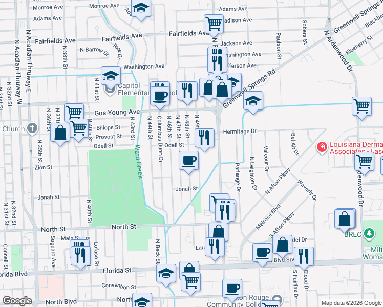 map of restaurants, bars, coffee shops, grocery stores, and more near 1137 North 49th Street in Baton Rouge