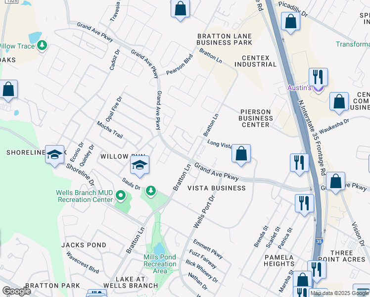 map of restaurants, bars, coffee shops, grocery stores, and more near 15720 Bratton Lane in Austin
