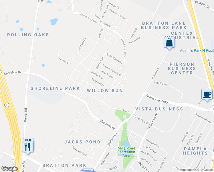 map of restaurants, bars, coffee shops, grocery stores, and more near 3413 Ruby Red Drive in Austin