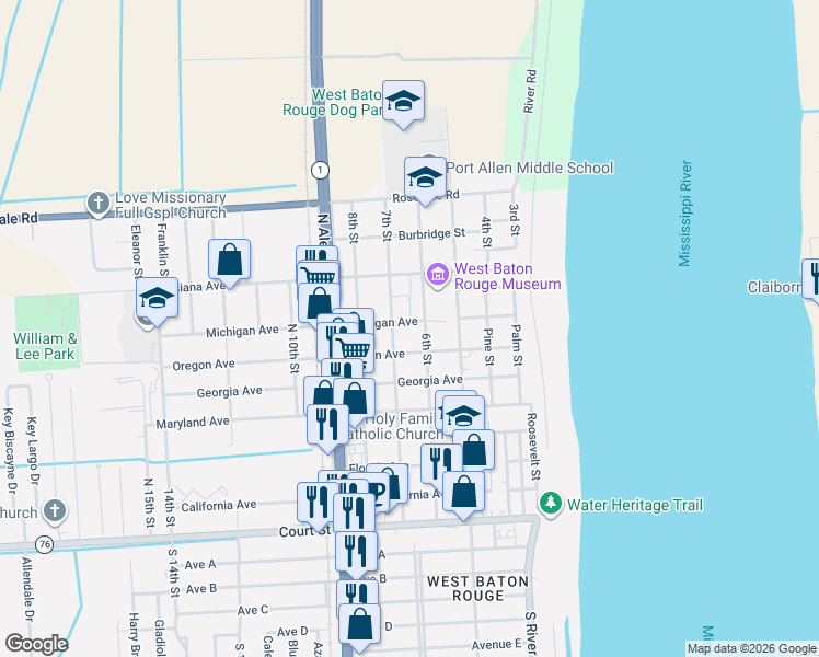 map of restaurants, bars, coffee shops, grocery stores, and more near 769 6th Street in Port Allen