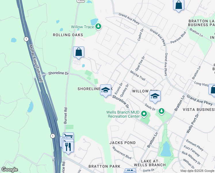 map of restaurants, bars, coffee shops, grocery stores, and more near 15317 Cadoz Drive in Austin