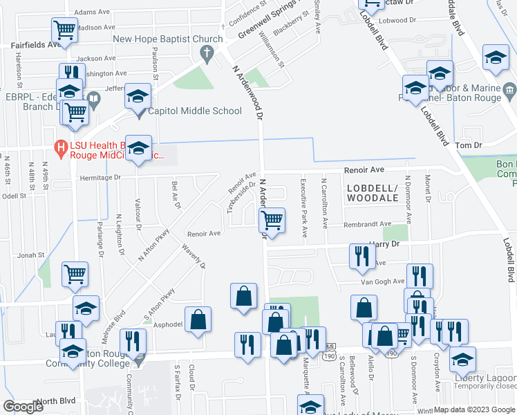 map of restaurants, bars, coffee shops, grocery stores, and more near 966 Woodvine Avenue in Baton Rouge