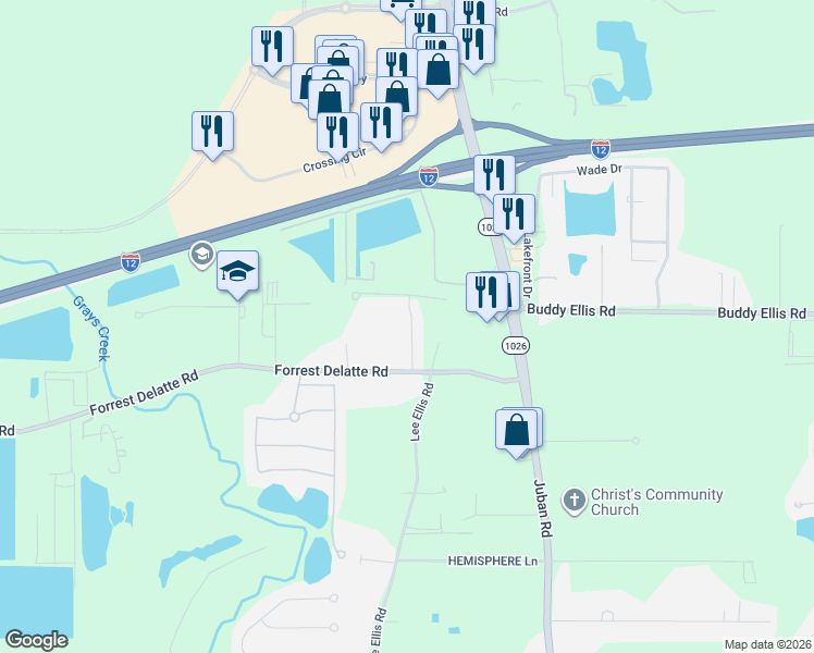 map of restaurants, bars, coffee shops, grocery stores, and more near 9935 Forrest Delatte Road in Denham Springs